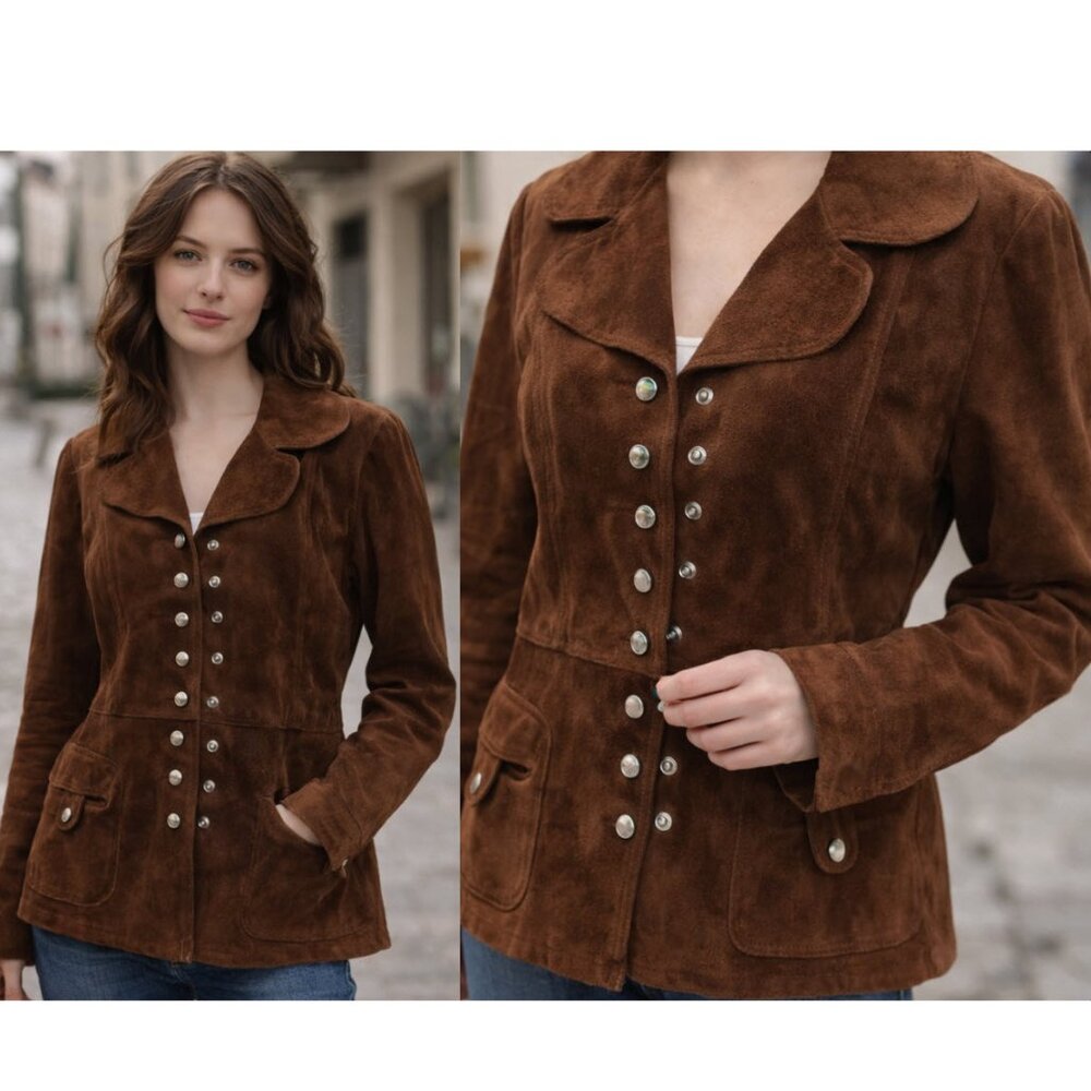 Vintage Brown Suede Jacket Snap Front Retro Western Coat Women’s Medium